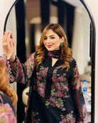 Black Georgette Floral Print Farshi Suit Set - BONYHUBSALWAR KAMEEZ