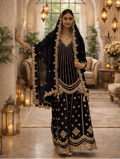 Black Georgette Gold Embroidered Party Wear Suit UK Next Day - BONYHUBSALWAR KAMEEZ