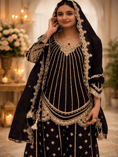 Black Georgette Gold Embroidered Party Wear Suit UK Next Day - BONYHUBSALWAR KAMEEZ