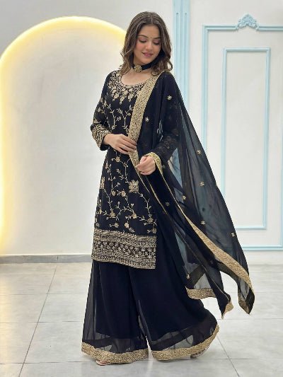 Black Georgette Gold Embroidery Sharara Suit - BONYHUBSALWAR KAMEEZ