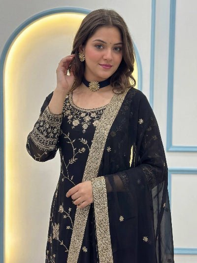 Black Georgette Gold Embroidery Sharara Suit - BONYHUBSALWAR KAMEEZ