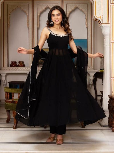 Black Georgette Handwork Anarkali Suit Set - BONYHUBSALWAR KAMEEZ