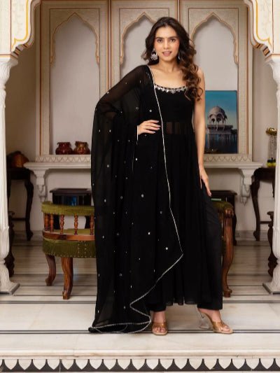 Black Georgette Handwork Anarkali Suit Set - BONYHUBSALWAR KAMEEZ
