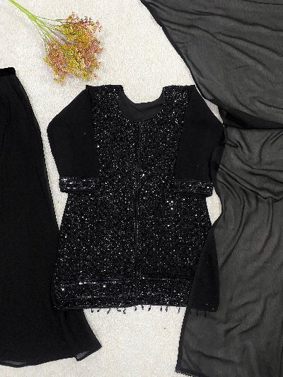 Black Georgette Palazzo Suit with Beads &amp; Sequins UK Next Day - BONYHUBSALWAR KAMEEZ
