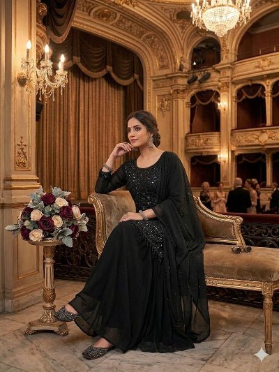 Black Georgette Palazzo Suit with Beads &amp; Sequins UK Next Day - BONYHUBSALWAR KAMEEZ