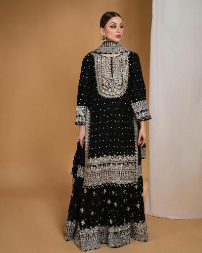 Black Georgette Partywear Salwar Sharara Dupatta Set - BONYHUBsalwar suit