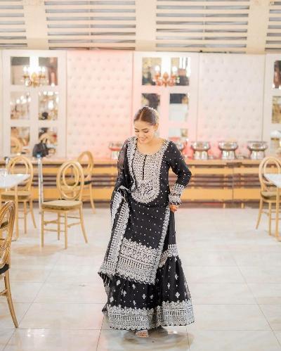 Black Georgette Partywear Salwar Sharara Dupatta Set - BONYHUBsalwar suit