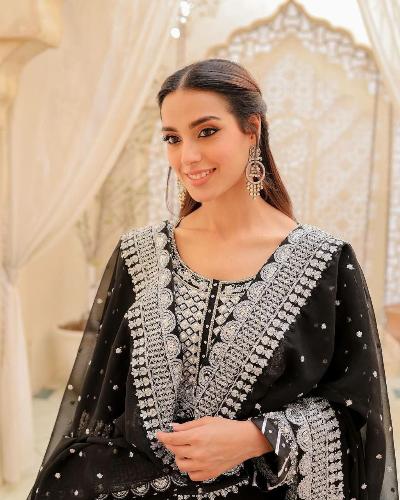 Black Georgette Partywear Salwar Sharara Dupatta Set - BONYHUBsalwar suit