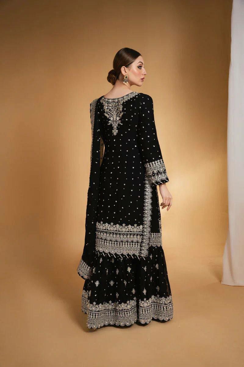 Black Georgette Partywear Salwar Sharara Dupatta Set - BONYHUBsalwar suit