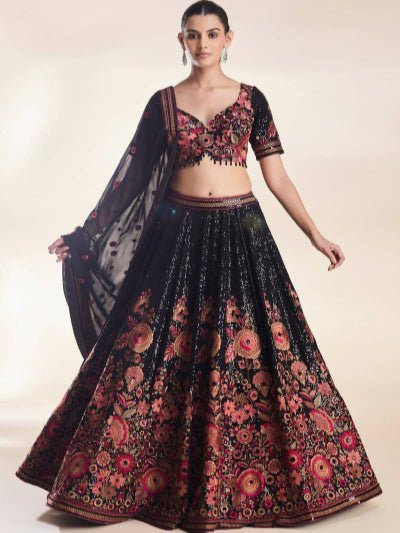 Black Georgette Thread Embroidey Lehenga Choli Set - BONYHUBSALWAR KAMEEZ