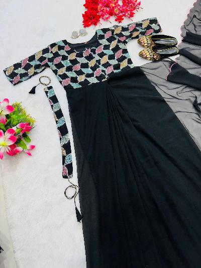 Black Georgette Zip &amp; Go 10 Second Saree Gown - BONYHUBSAREE