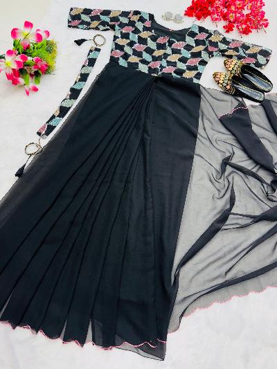 Black Georgette Zip &amp; Go 10 Second Saree Gown - BONYHUBSAREE