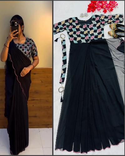 Black Georgette Zip &amp; Go 10 Second Saree Gown - BONYHUBSAREE