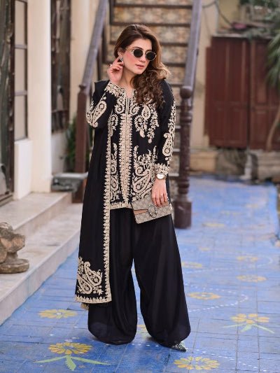 Black Gold Embroidered Georgette Flair Palazzo Suit for Women - BONYHUBSALWAR KAMEEZ
