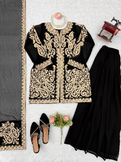 Black Gold Embroidered Georgette Flair Palazzo Suit for Women - BONYHUBSALWAR KAMEEZ