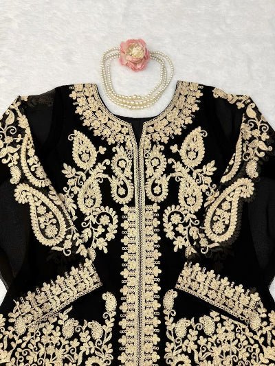 Black Gold Embroidered Georgette Flair Palazzo Suit for Women - BONYHUBSALWAR KAMEEZ