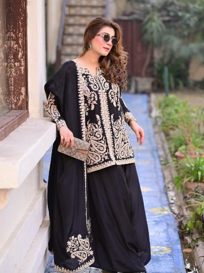 Black Gold Embroidered Georgette Flair Palazzo Suit for Women - BONYHUBSALWAR KAMEEZ
