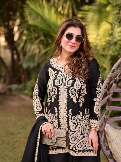 Black Gold Embroidered Georgette Flair Palazzo Suit for Women - BONYHUBSALWAR KAMEEZ