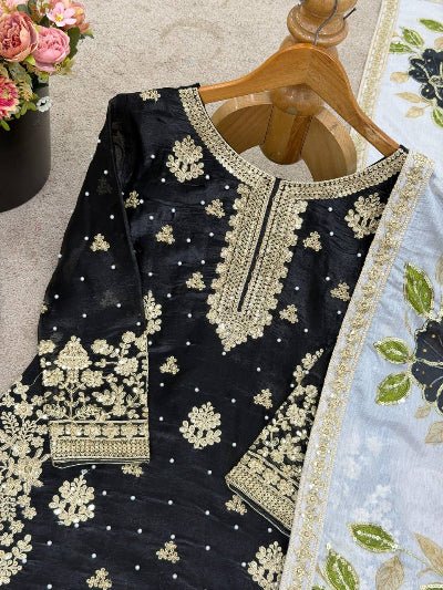Black Gold Embroidery Silk Palazzo Suit - BONYHUBSALWAR KAMEEZ