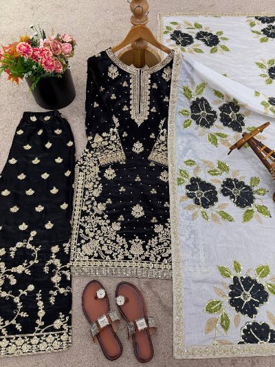 Black Gold Embroidery Silk Palazzo Suit - BONYHUBSALWAR KAMEEZ