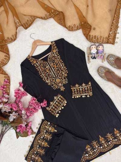 Black &amp; Gold Zari Embroidery Work Straight Suit - BONYHUBSALWAR KAMEEZ