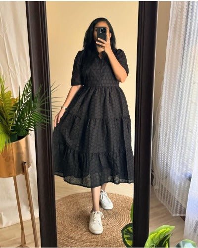 Black Hakoba Cotton Middi Dress 1PC - BONYHUBDresses