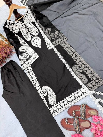 Black Organza Silk Straight Suit with Palazzo &amp; Dupatta - BONYHUBSALWAR KAMEEZ
