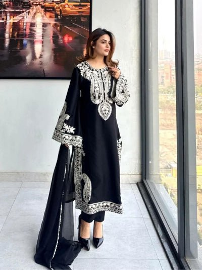 Black Organza Silk Straight Suit with Palazzo & Dupatta - BONYHUBSALWAR KAMEEZ