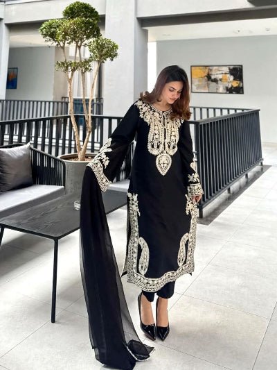 Black Organza Silk Straight Suit with Palazzo &amp; Dupatta - BONYHUBSALWAR KAMEEZ