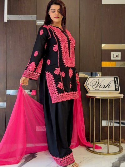 Black &amp; Pink Embroidery Work Crepe Silk Farshi Suit - BONYHUBSALWAR KAMEEZ