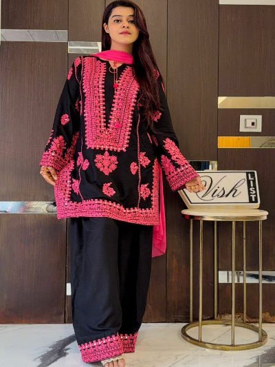 Black &amp; Pink Embroidery Work Crepe Silk Farshi Suit - BONYHUBSALWAR KAMEEZ