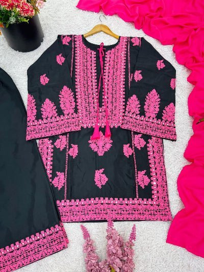 Black &amp; Pink Embroidery Work Crepe Silk Farshi Suit - BONYHUBSALWAR KAMEEZ