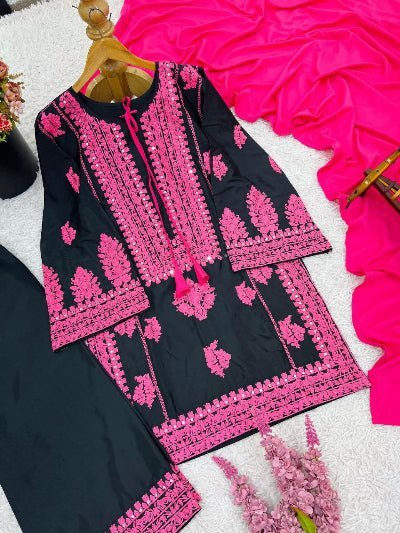 Black &amp; Pink Embroidery Work Crepe Silk Farshi Suit - BONYHUBSALWAR KAMEEZ