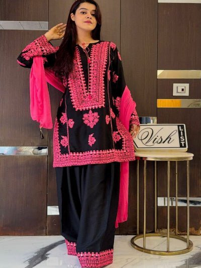 Black &amp; Pink Embroidery Work Crepe Silk Farshi Suit - BONYHUBSALWAR KAMEEZ