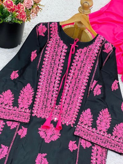 Black &amp; Pink Embroidery Work Crepe Silk Farshi Suit - BONYHUBSALWAR KAMEEZ