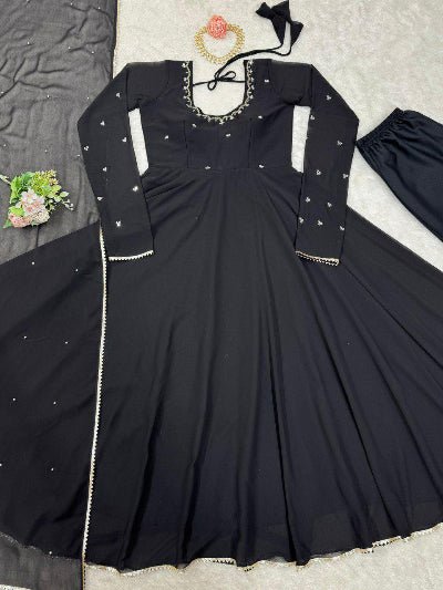 Black Plain Georgette Handwork Anarkali Suit Set - BONYHUBSALWAR KAMEEZ