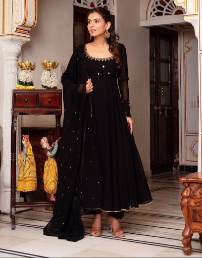 Black Plain Georgette Handwork Anarkali Suit Set - BONYHUBSALWAR KAMEEZ