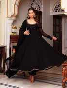 Black Plain Georgette Handwork Anarkali Suit Set - BONYHUBSALWAR KAMEEZ