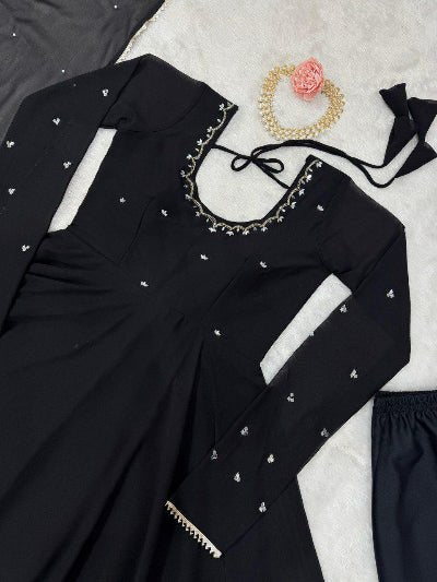 Black Plain Georgette Handwork Anarkali Suit Set - BONYHUBSALWAR KAMEEZ