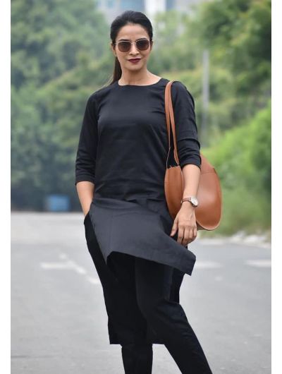 Black Plain Kurti Pant Set UK Next Day - BONYHUBSALWAR KAMEEZ