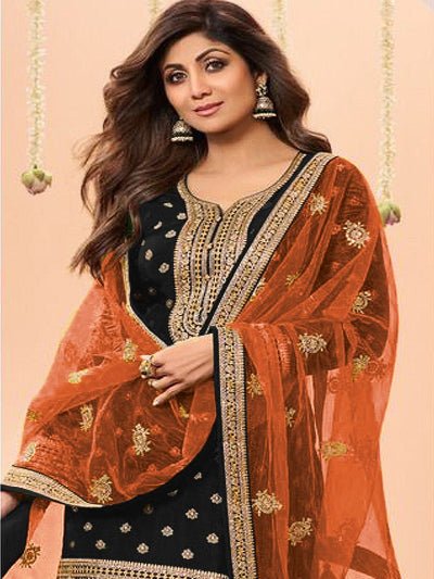 Black Plus Size Jacquard Embroidered Punjabi Suit Set - BONYHUBSALWAR KAMEEZ