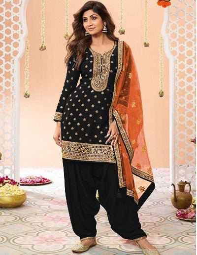 Black Plus Size Jacquard Embroidered Punjabi Suit Set - BONYHUBSALWAR KAMEEZ