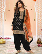 Black Plus Size Jacquard Embroidered Punjabi Suit Set - BONYHUBSALWAR KAMEEZ