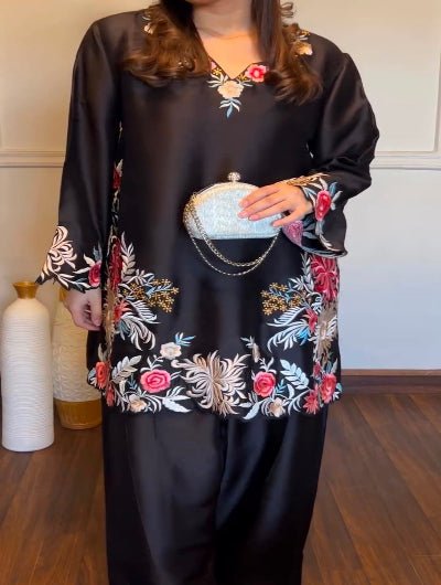 Black Rayon Satin Floral Kurti Palazzo Set Of 2 - BONYHUBSALWAR KAMEEZ
