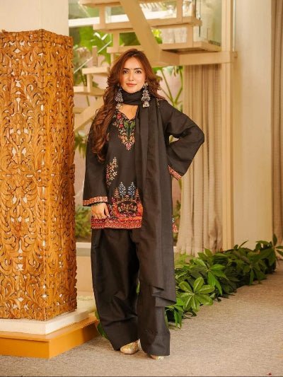 Black Rayon Thread Embroidery Work Farshi Salwar Suit - BONYHUBSALWAR KAMEEZ