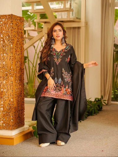 Black Rayon Thread Embroidery Work Farshi Salwar Suit - BONYHUBSALWAR KAMEEZ