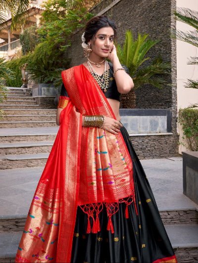 Black Red Gold Zari Paithani Silk Lehenga Choli - BONYHUBSALWAR KAMEEZ