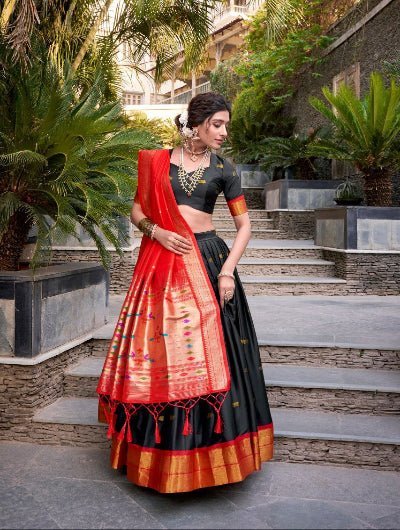 Black Red Gold Zari Paithani Silk Lehenga Choli - BONYHUBSALWAR KAMEEZ