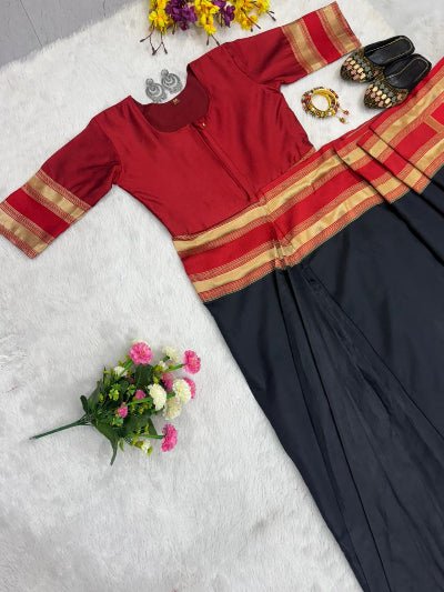 Black &amp; Red Silk Zip &amp; Go 10 Sec Saree Gown - BONYHUBSAREE