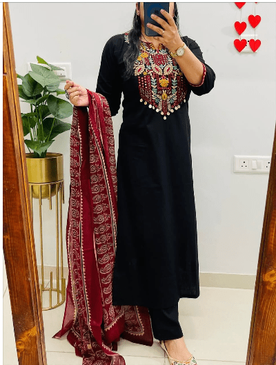 Black Red Straight Cotton Salwar suit - BONYHUBSALWAR KAMEEZ